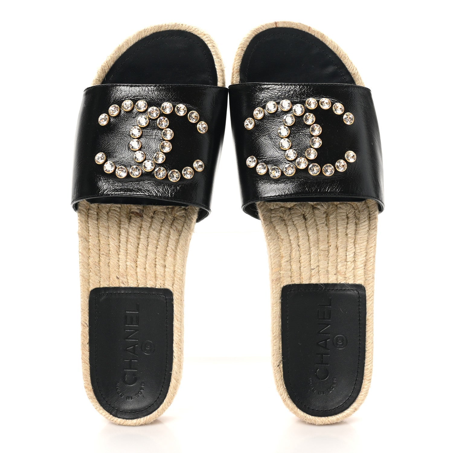 Patent Calfskin Crystal CC Espadrille Slip On Sandals 40 Black