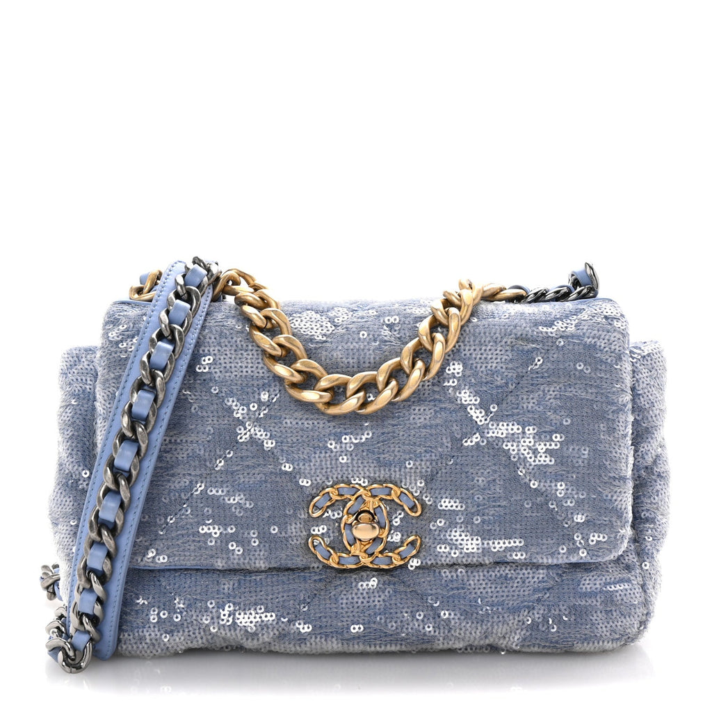 Sequin Quilted Medium Chanel 19 Flap Light Blue