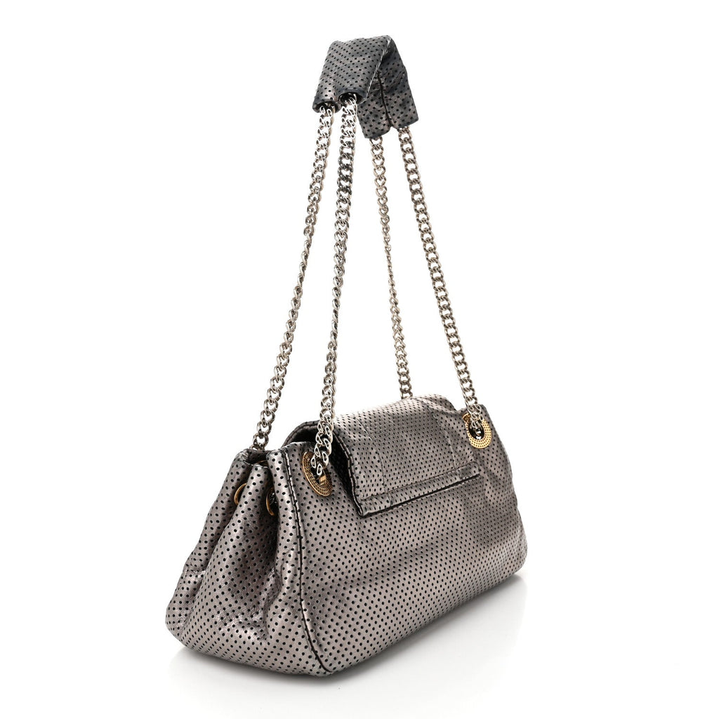 Metallic Crackled Calfskin Perforated Drill Shoulder Bag Silver