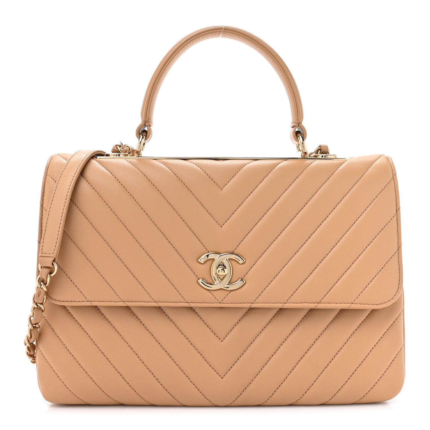 Lambskin Chevron Quilted Medium Trendy CC Dual Handle Flap Bag Beige