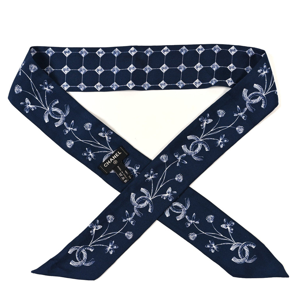 Silk CC Slim Bandeau Scarf Blue Ecru