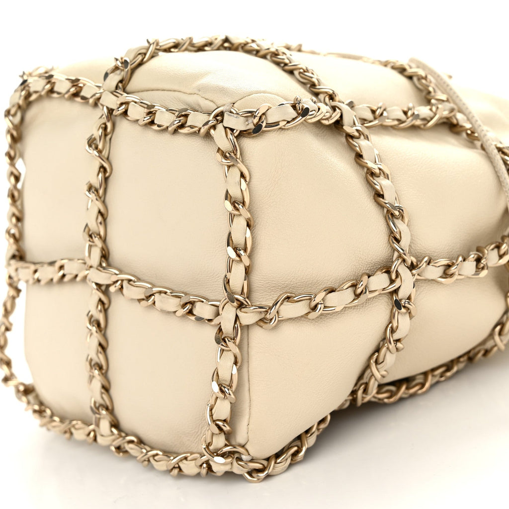 Lambskin Bucket Chain Drawstring Bag Beige