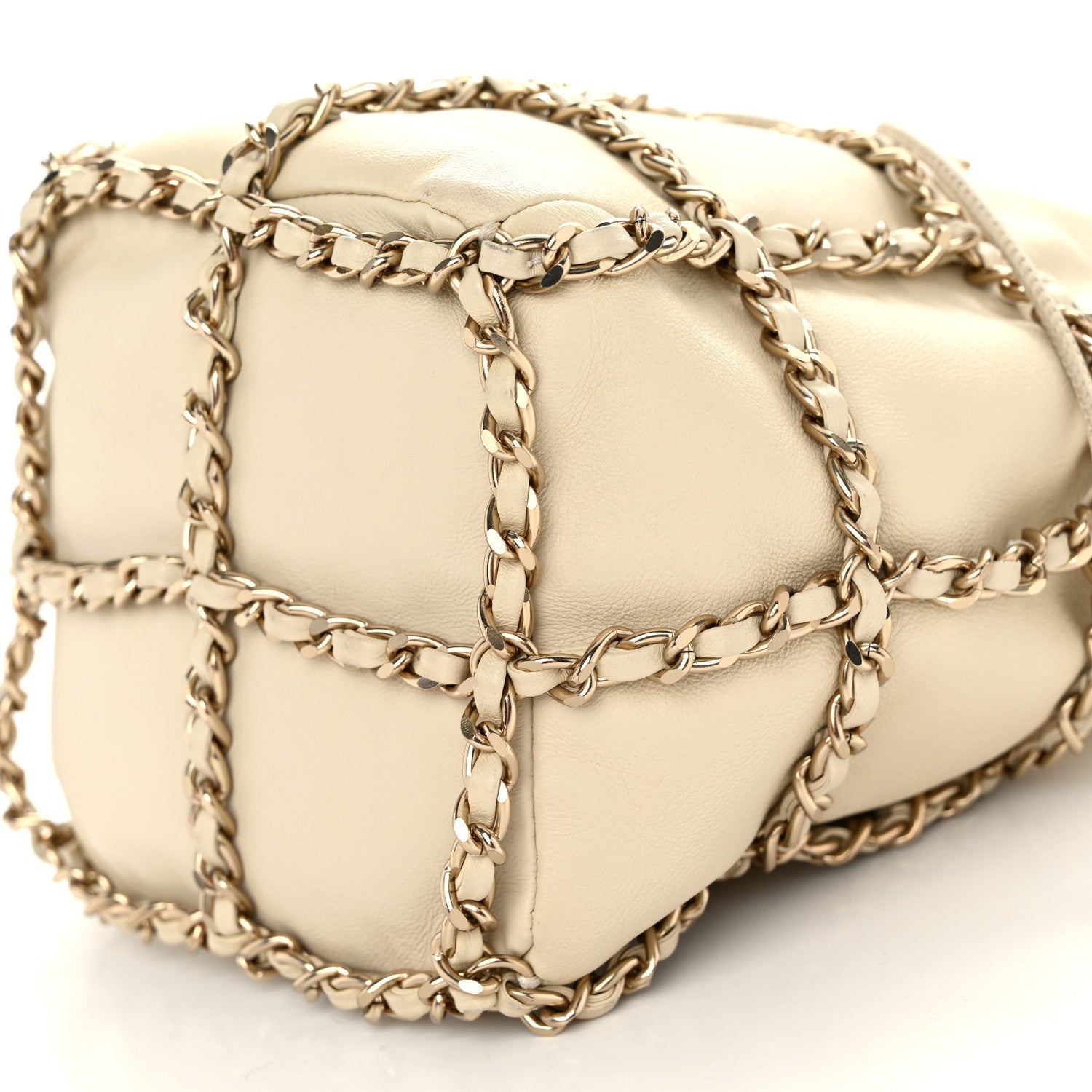 Lambskin Bucket Chain Drawstring Bag Beige