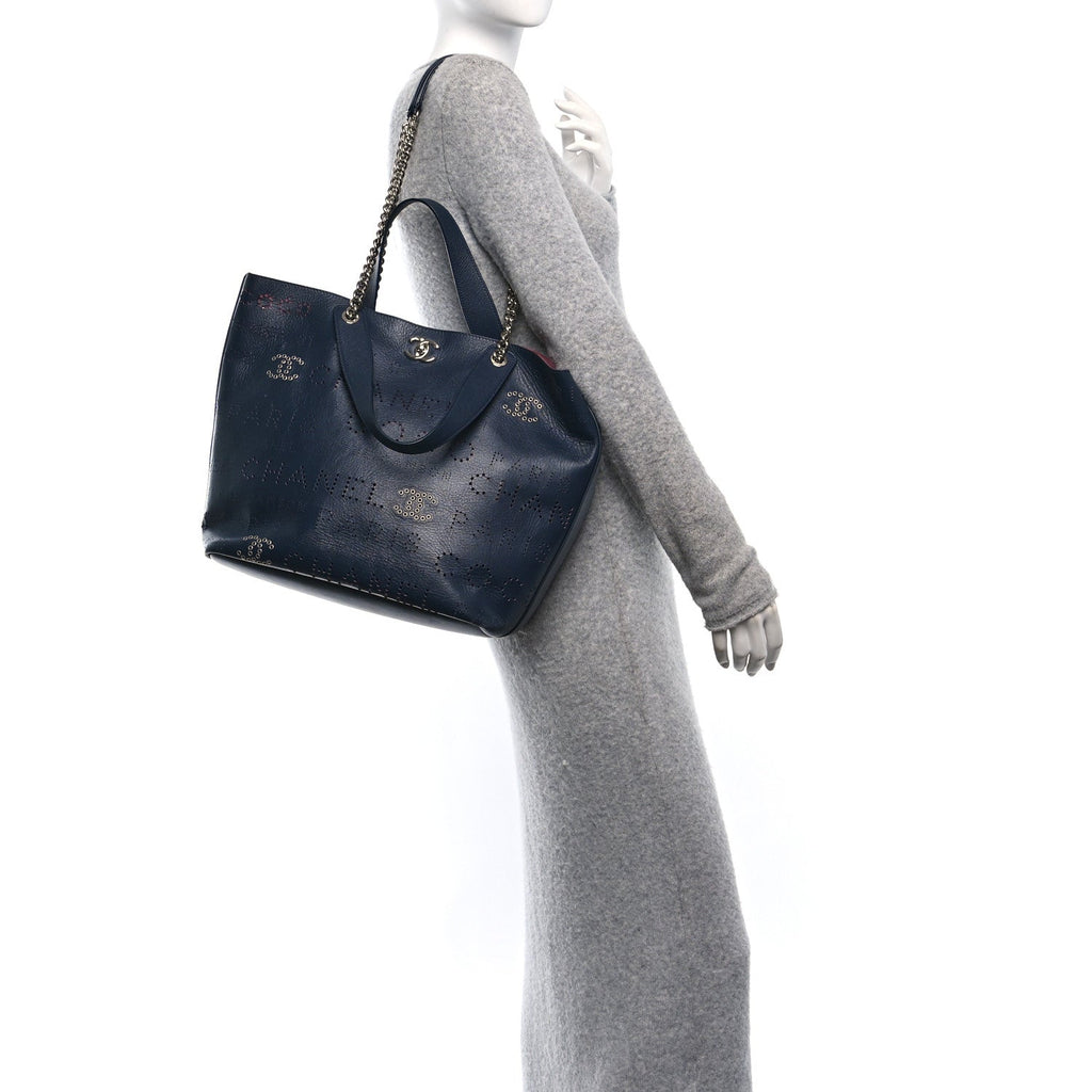 Calfskin Tweed Small Logo Eyelets Shopping Tote Navy Blue