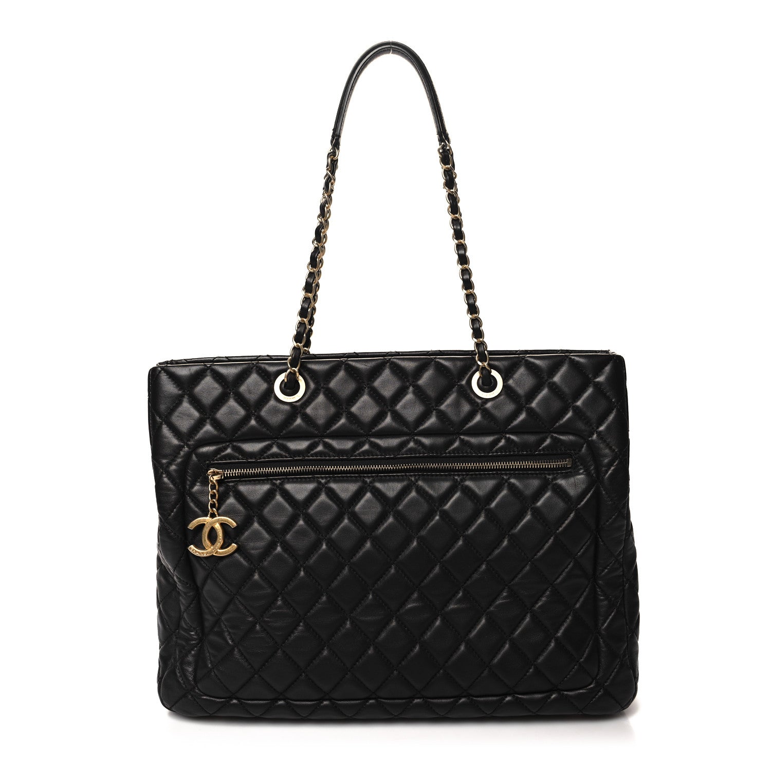 Lambskin Quilted CC Pocket Shopping Tote Black