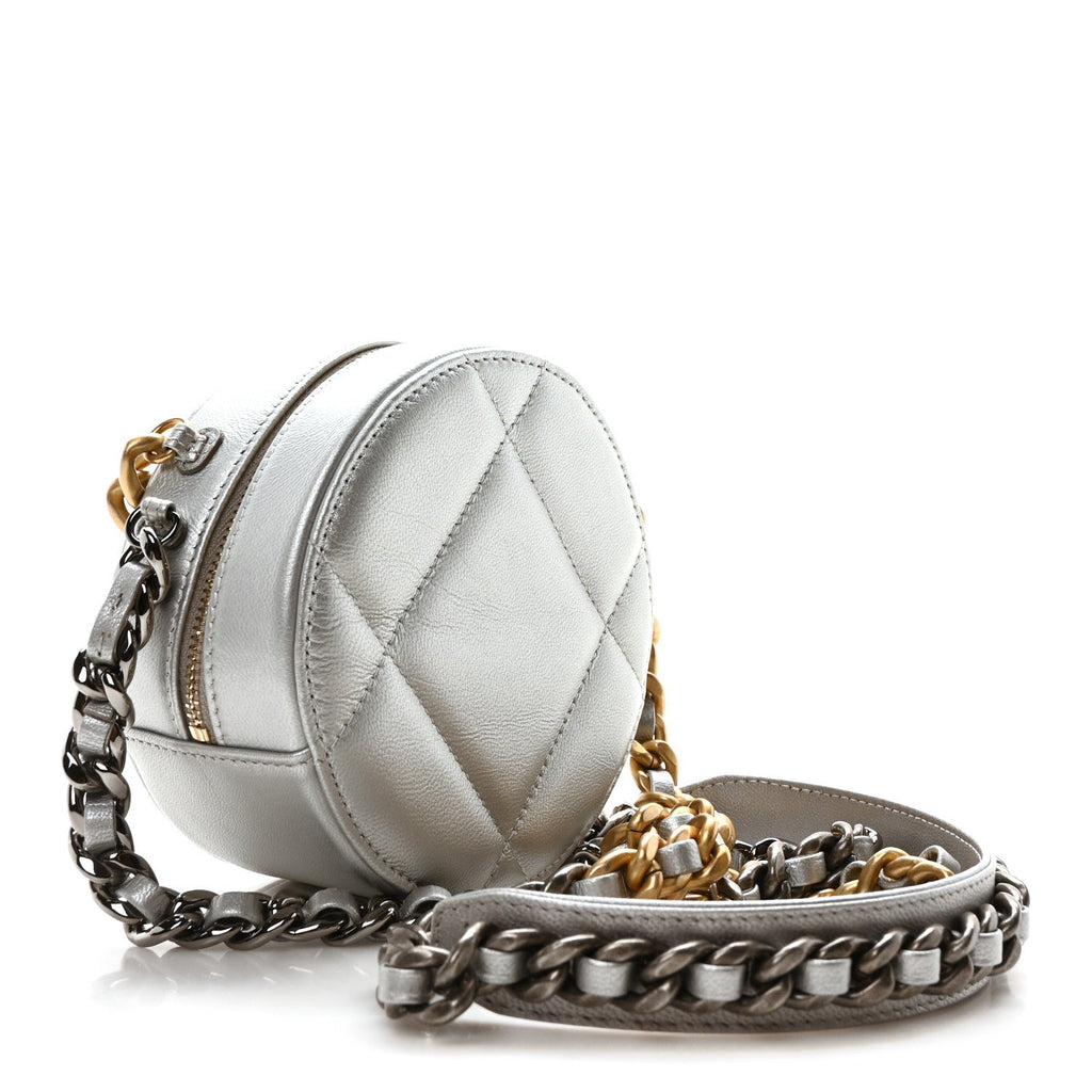 Metallic Lambskin Quilted Chanel 19 Round Clutch With Chain Silver