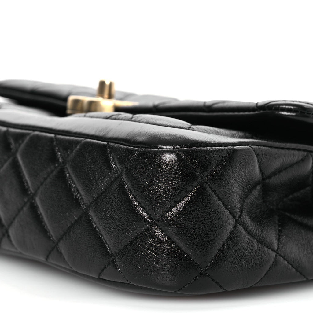 Shiny Lambskin Quilted Small Daily Friend Flap Black