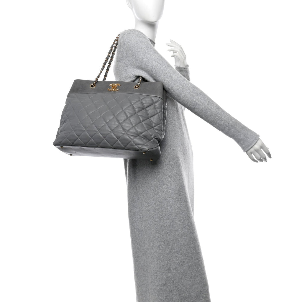 Calfskin Quilted Large Soft Elegance Tote Grey