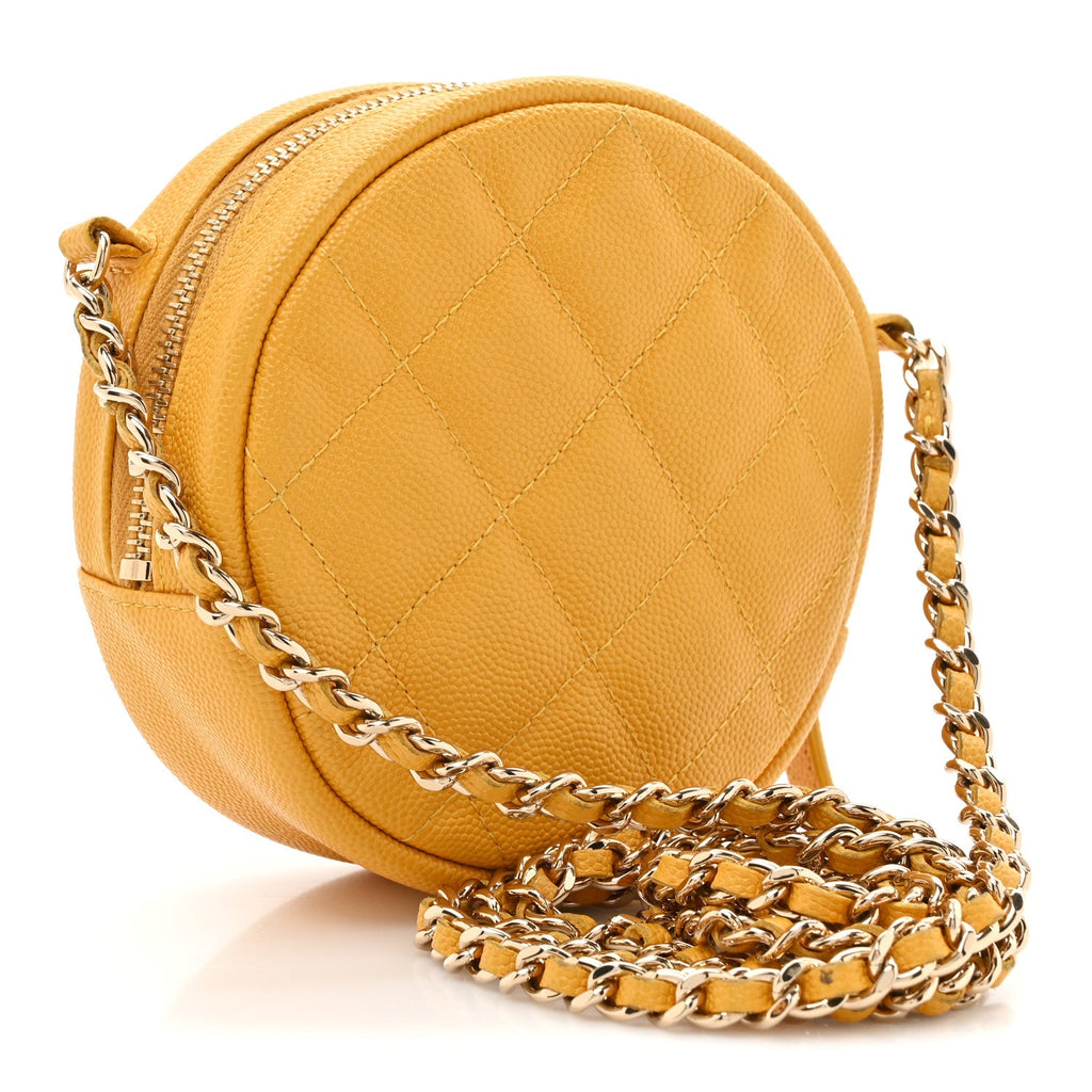 Caviar Quilted Round Clutch With Chain Yellow