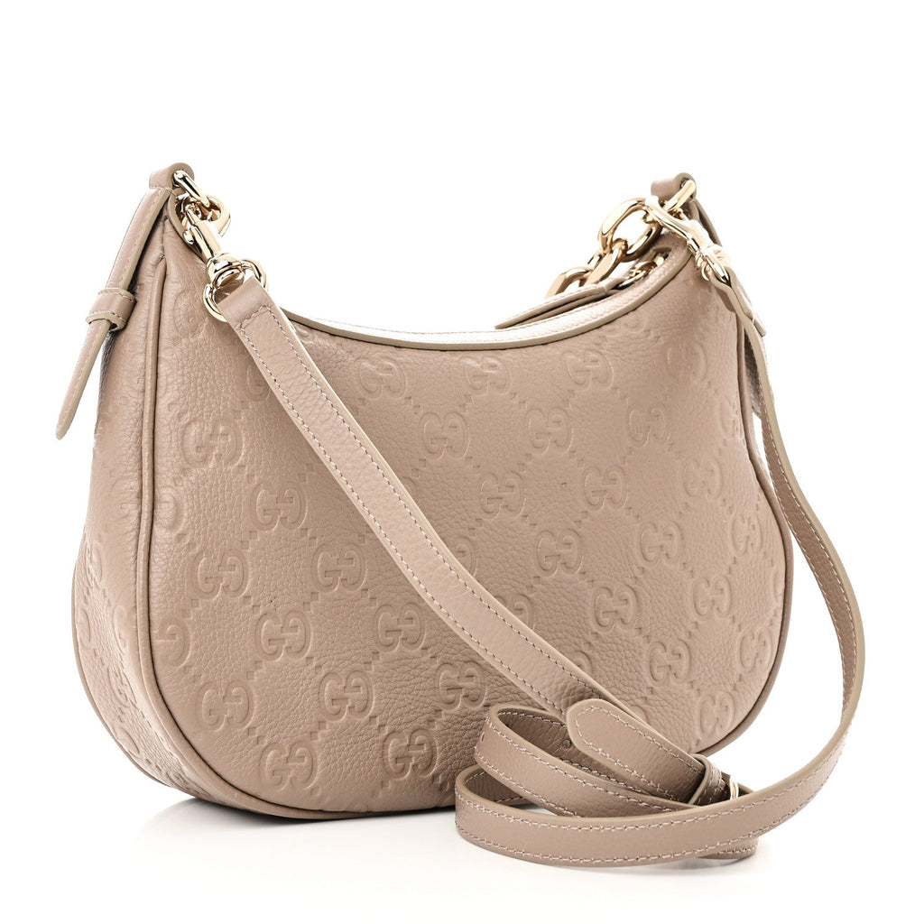 Grainy Calfskin GG Embossed Emblem Medium Half Moon Shoulder Bag Taupe