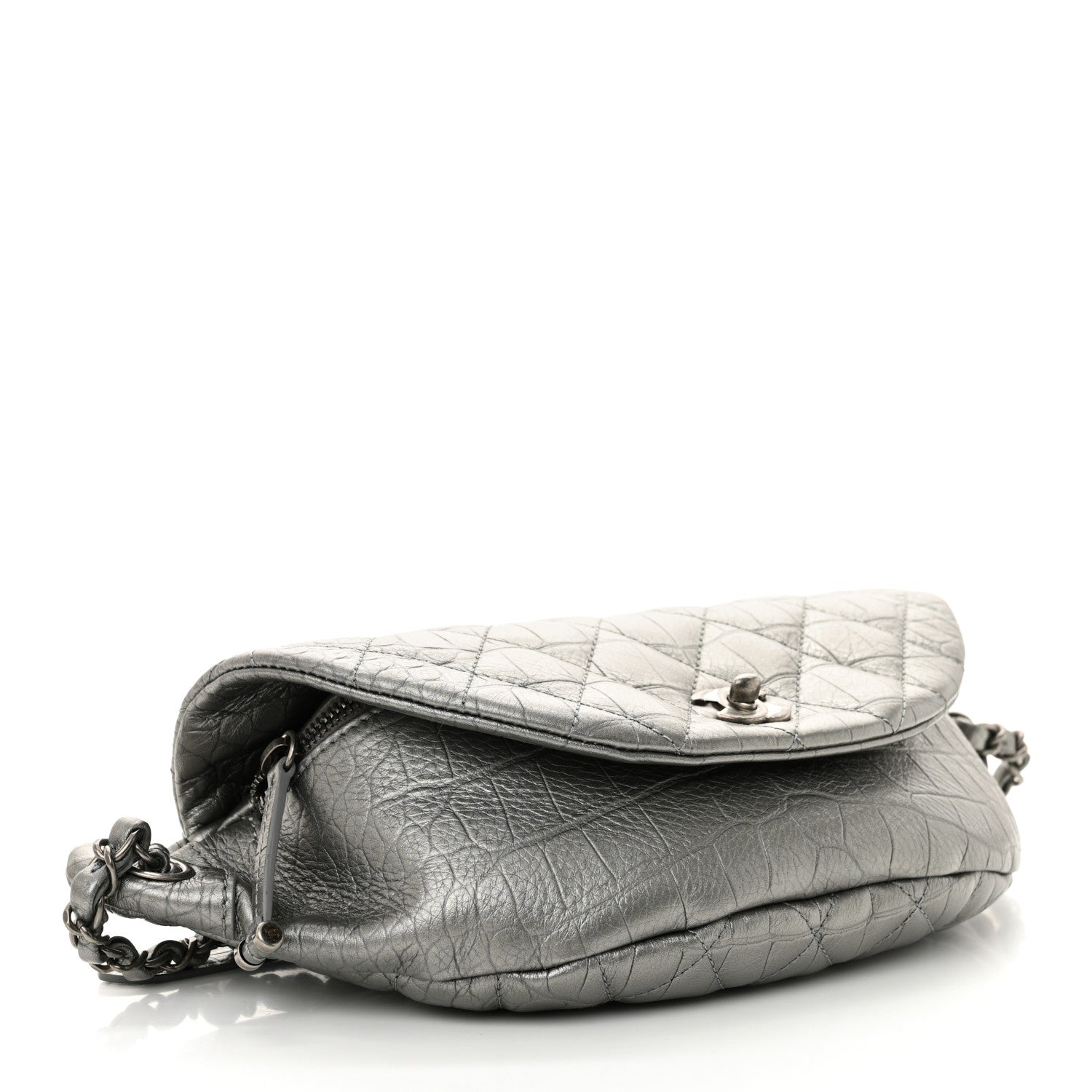 Metallic Calfskin Crocodile Embossed Quilted Easy Trip Waist Bag Fanny Pack Silver
