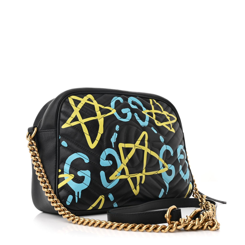 Calfskin Matelasse GucciGhost Medium GG Marmont Chain Shoulder Bag Black New Acquamarine