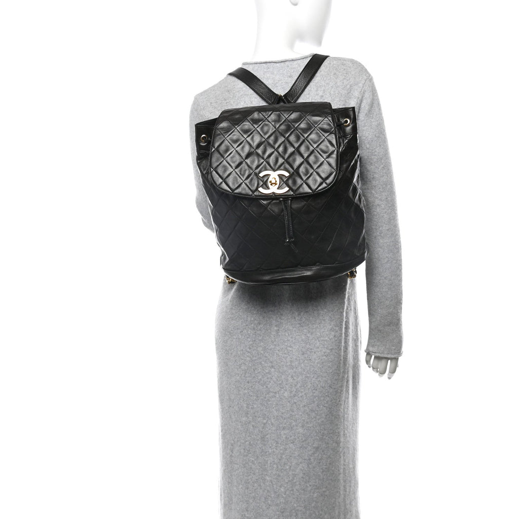 Lambskin Quilted Drawstring Backpack Black