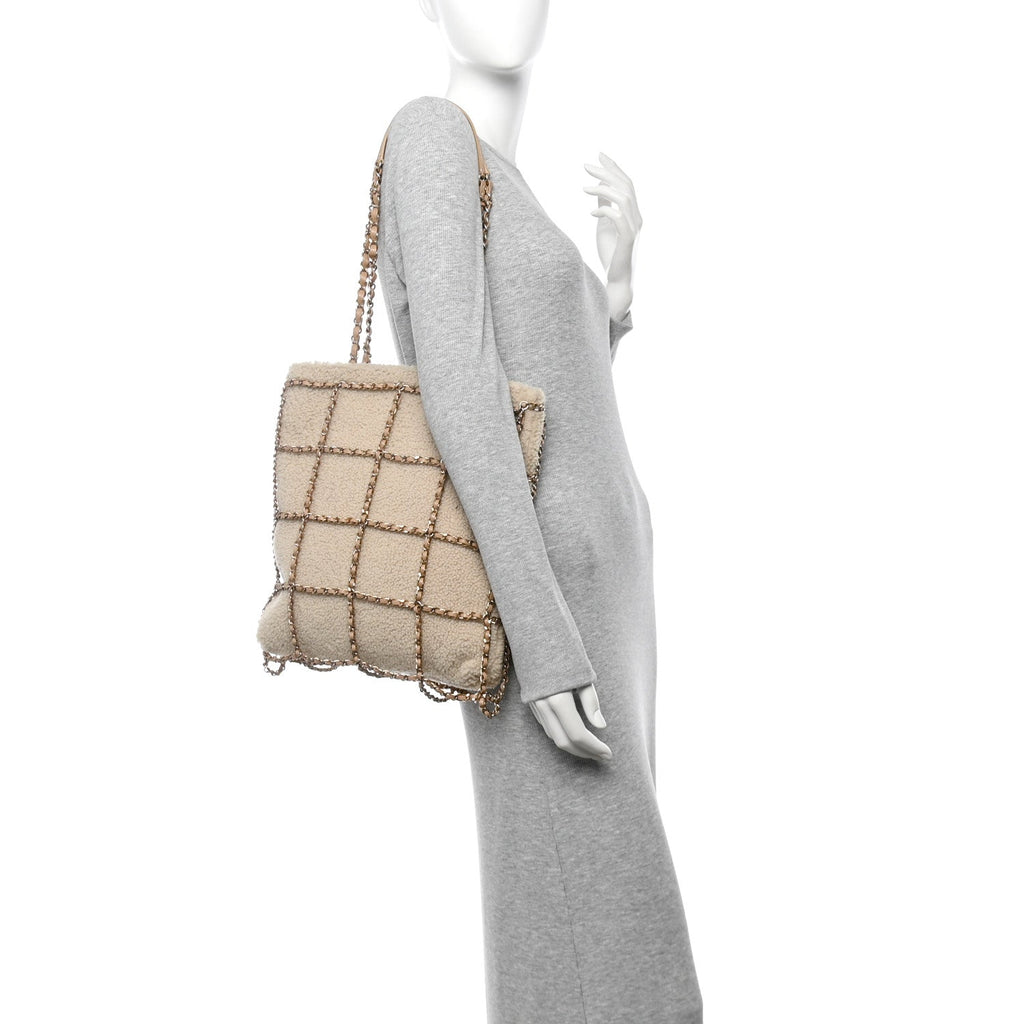Shearling Small Shopping Chain Bag Beige