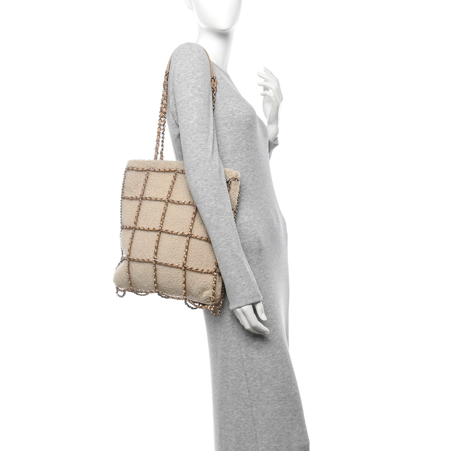 Shearling Small Shopping Chain Bag Beige