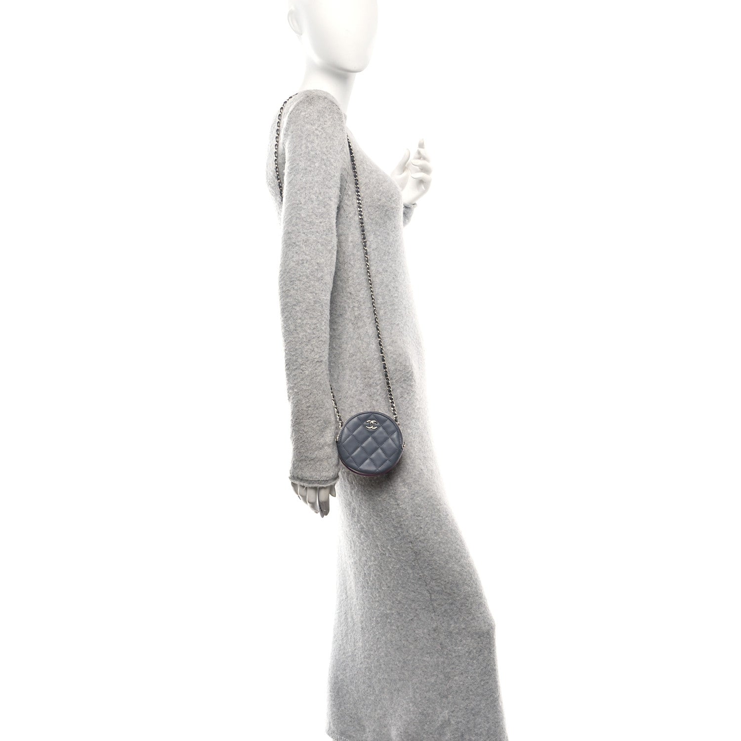 Lambskin Quilted Round Clutch With Chain Grey Multicolor