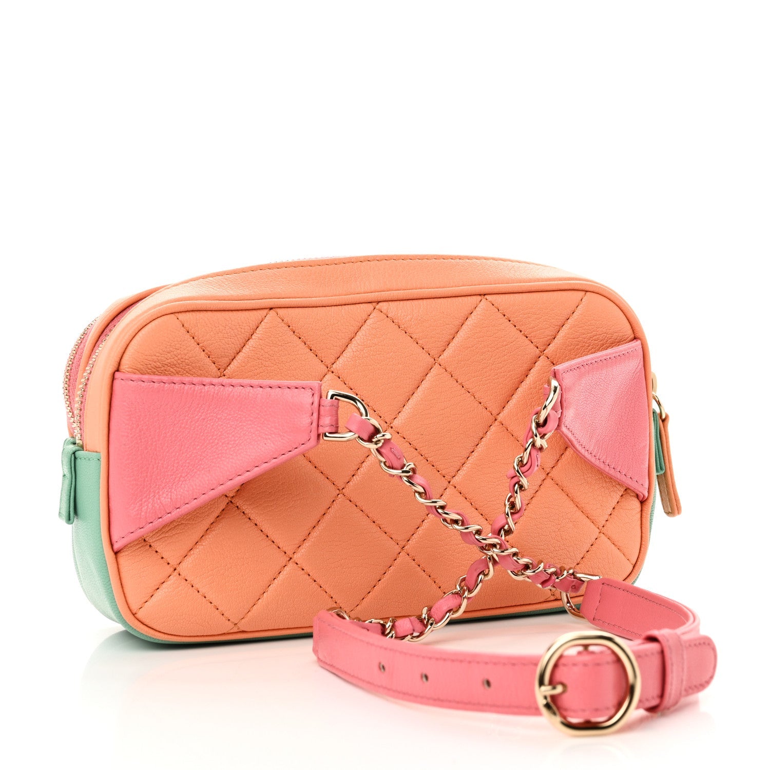 Goatskin Quilted Tri-Color In & Out Waist Bag Orange Green Pink