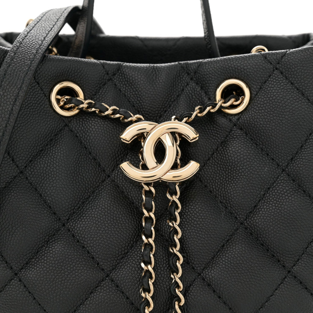 Caviar Quilted Rolled Up Bucket Drawstring Bag Black