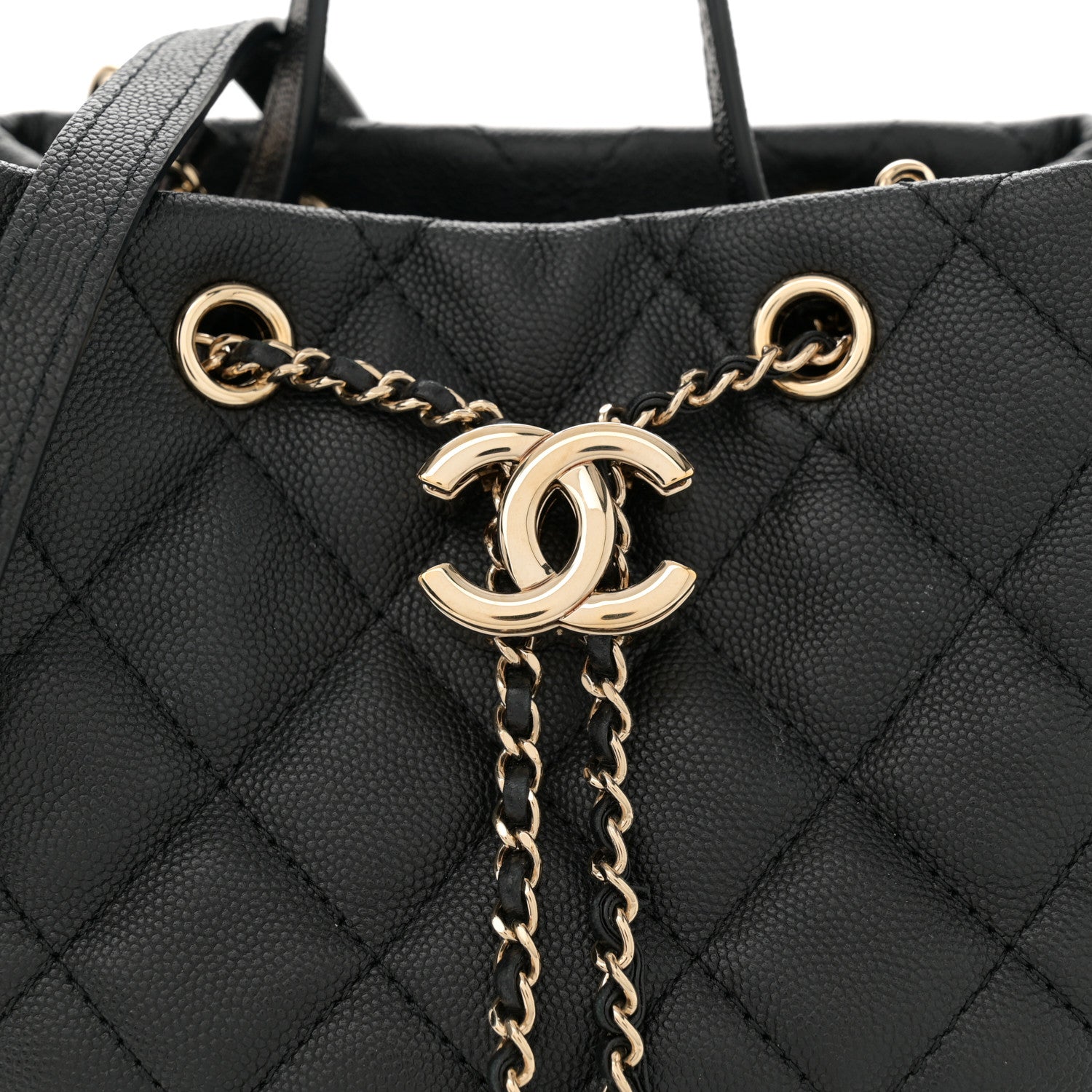 Caviar Quilted Rolled Up Bucket Drawstring Bag Black