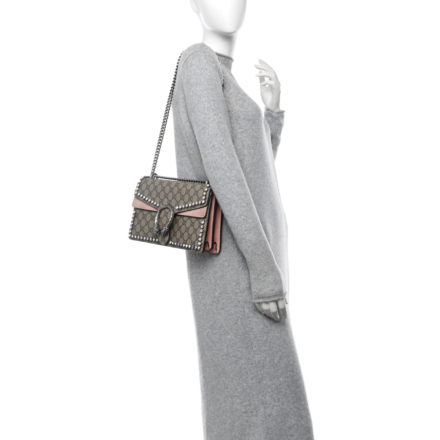 GG Supreme Monogram Suede Crystal Small Dionysus Shoulder Bag Beige Ebony Light Peonia