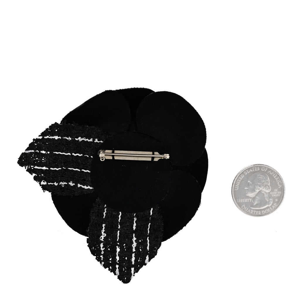 Tweed Fabric Camellia Pin Brooch Black White
