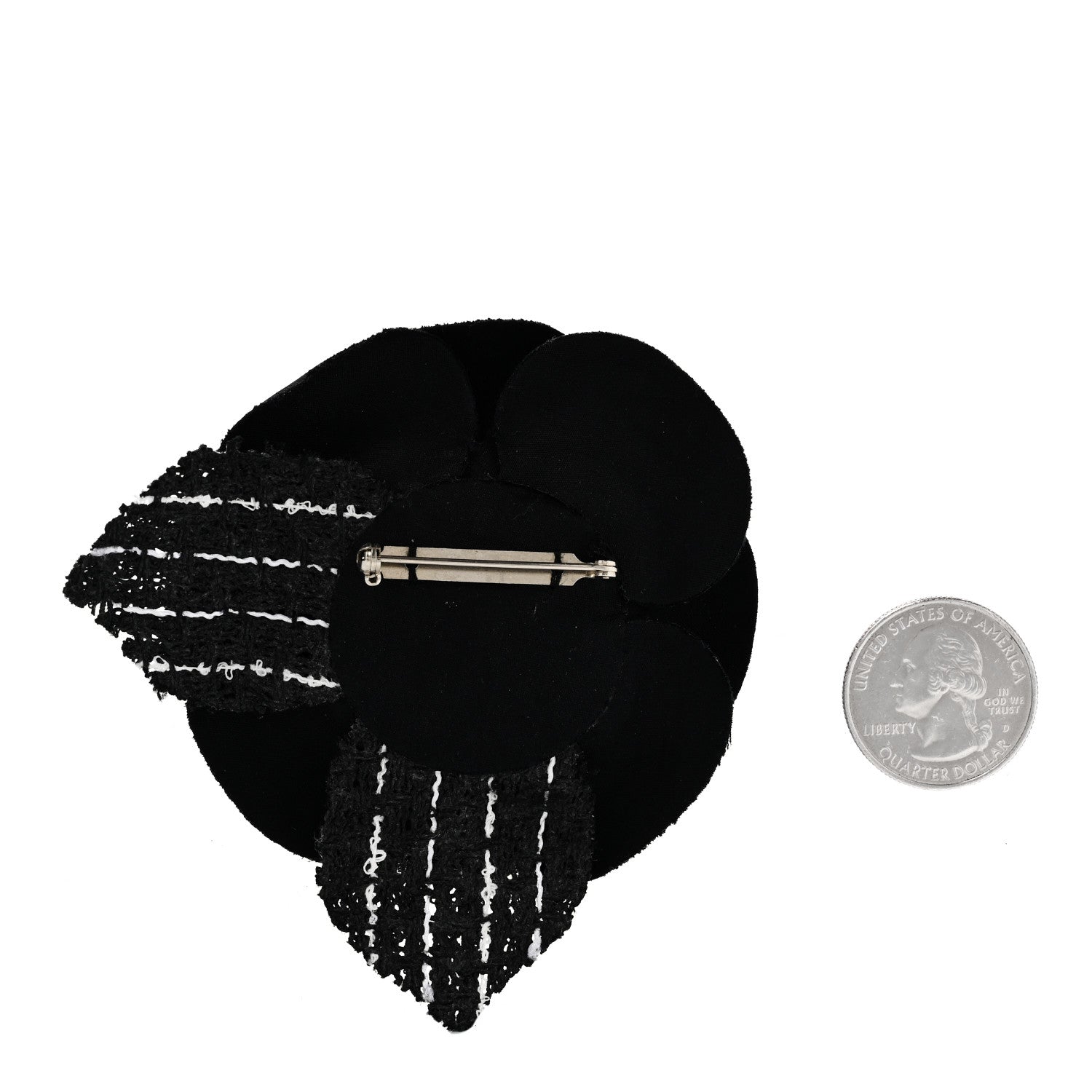 Tweed Fabric Camellia Pin Brooch Black White