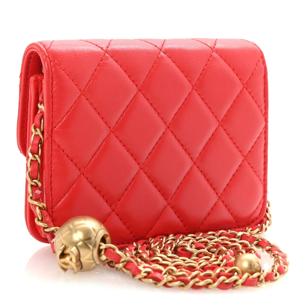 Lambskin Quilted Pearl Crush Clutch With Chain Red