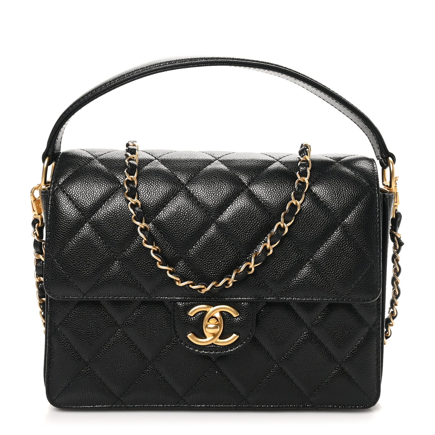Shiny Caviar Quilted Small Top Handle Flap  Black