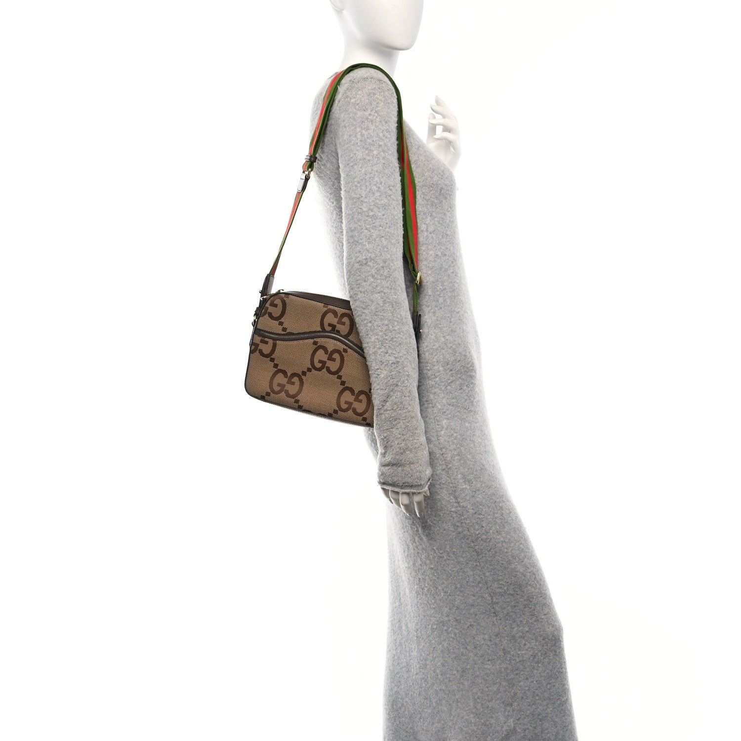 Monogram Jumbo GG Textured Dollar Calfskin Web Messenger Shoulder Bag Camel Ebony New Acero