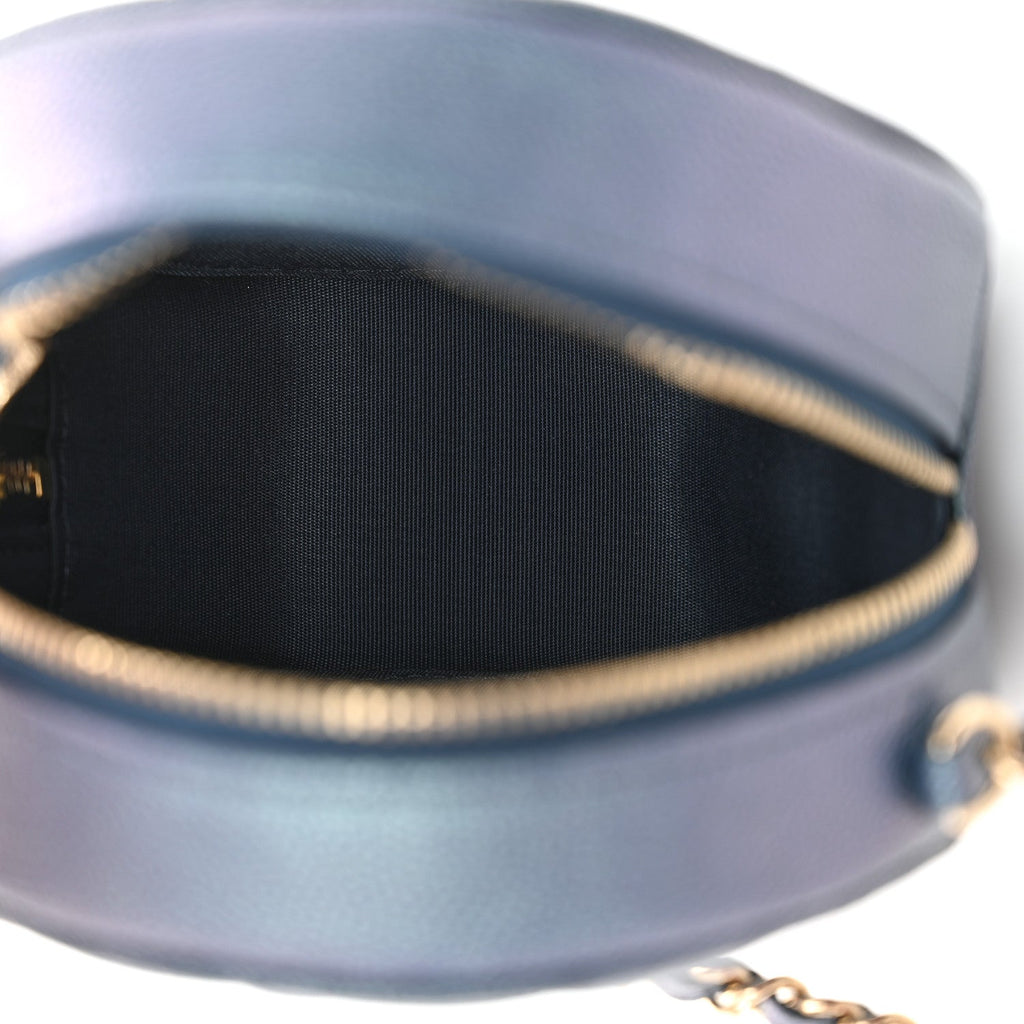Iridescent Caviar Quilted Round Clutch With Chain Blue