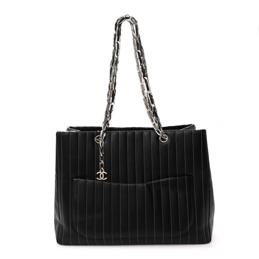 Lambskin Vertical Quilted Large Mademoiselle Tote Black