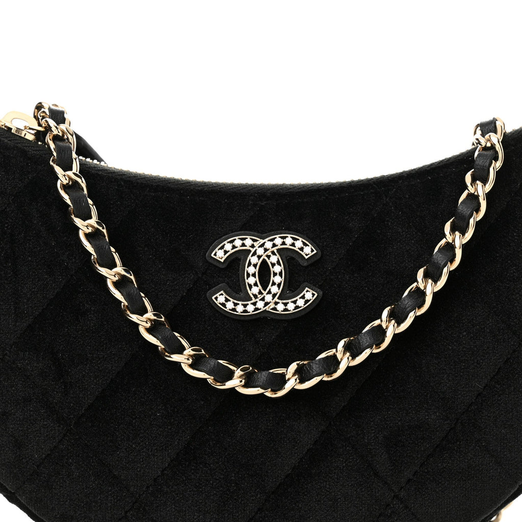 Velvet Crystal Quilted Chain Hobo Black