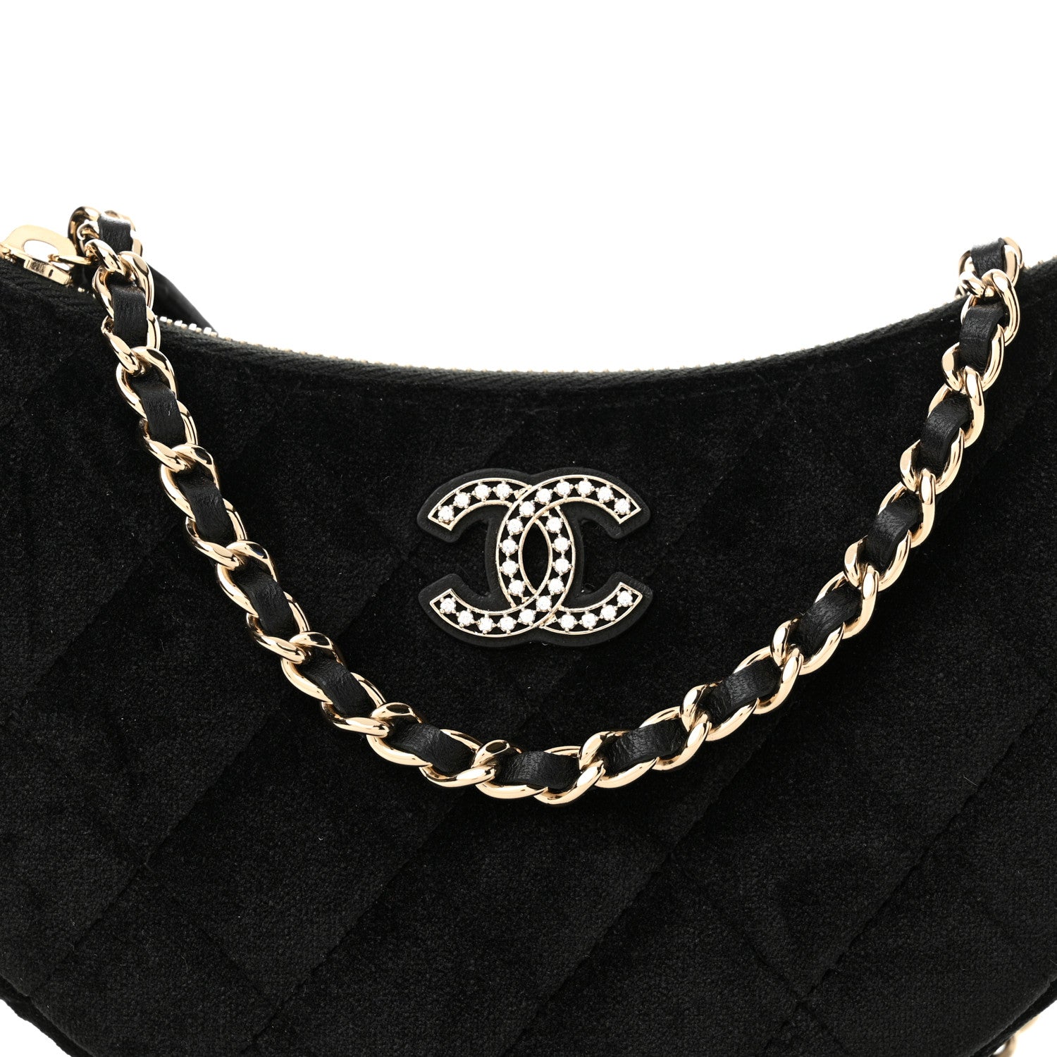 Velvet Crystal Quilted Chain Hobo Black