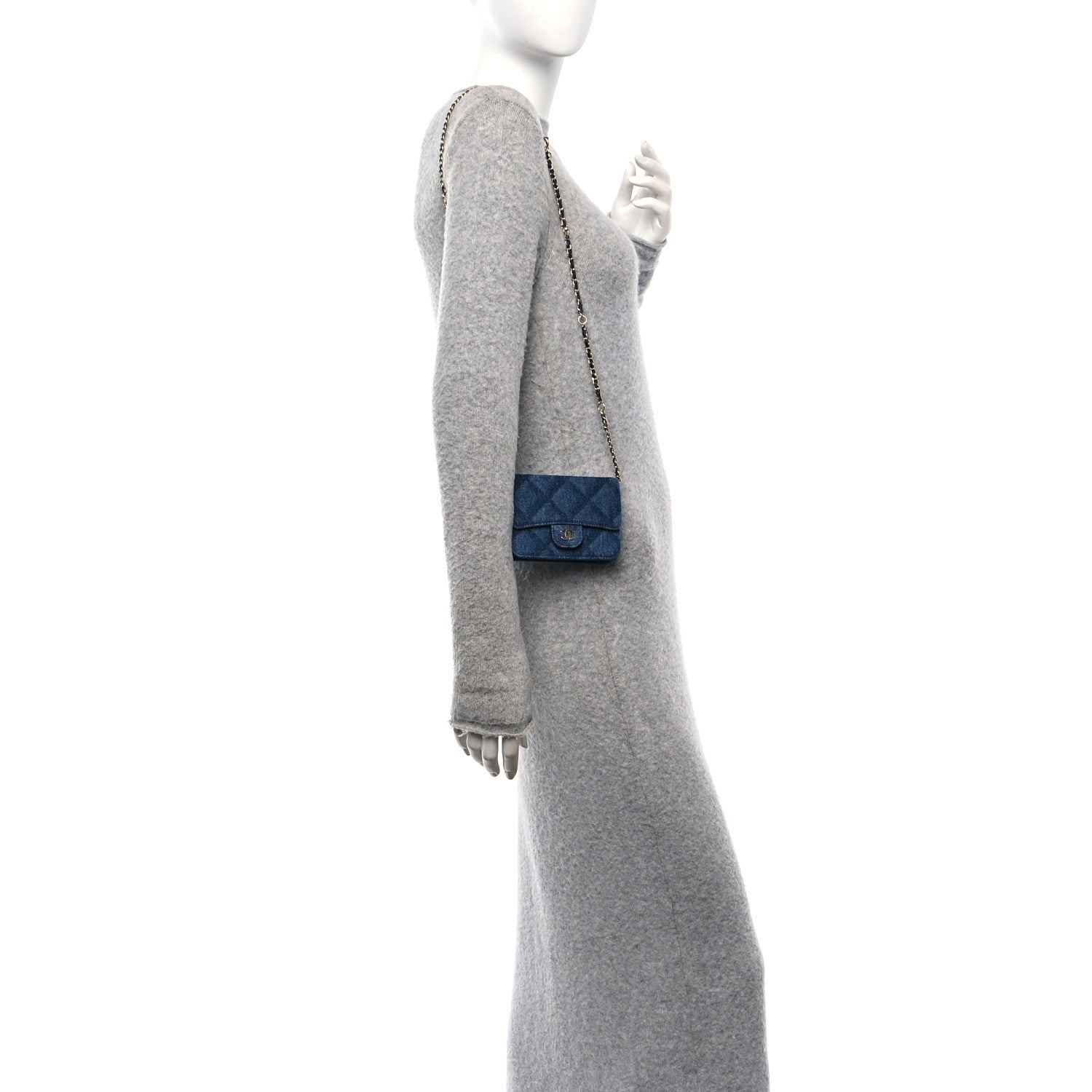 Printed Denim Quilted  Holder On Chain  Dark Blue