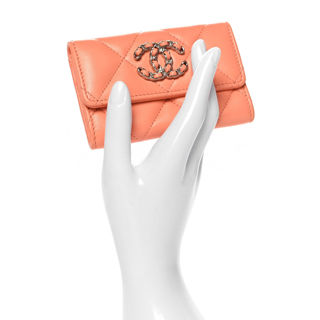 Lambskin Quilted Chanel 19 Flap  Holder Light Orange