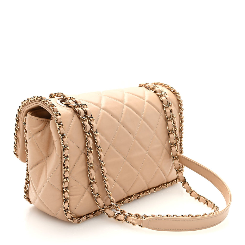Crumpled Calfskin Medium Chain All Over Flap Beige