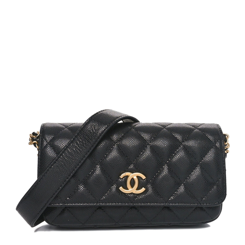 Caviar Quilted Yours Buttons Phone Holder With Chain Black