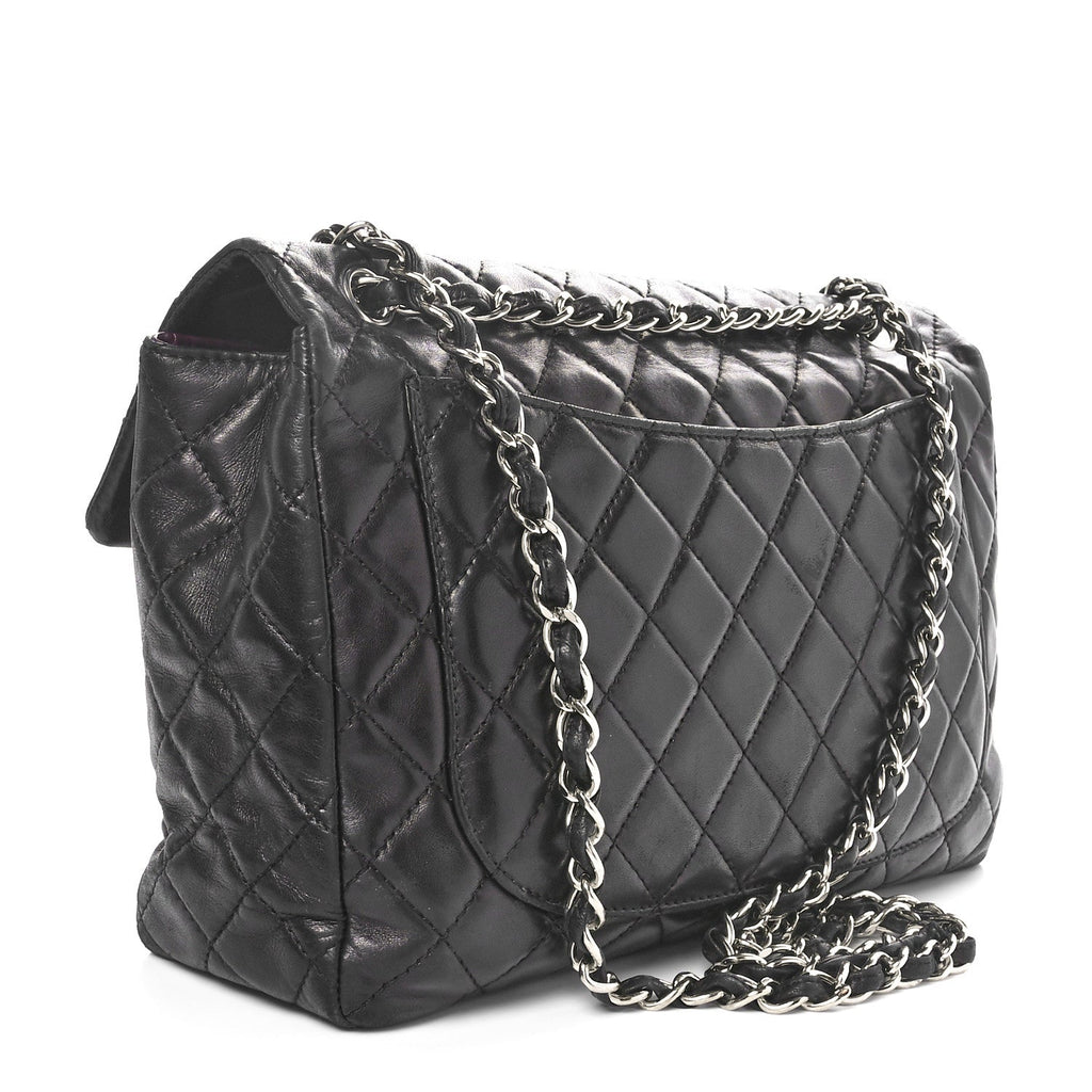 Washed Lambskin Quilted Maxi Single Flap Black