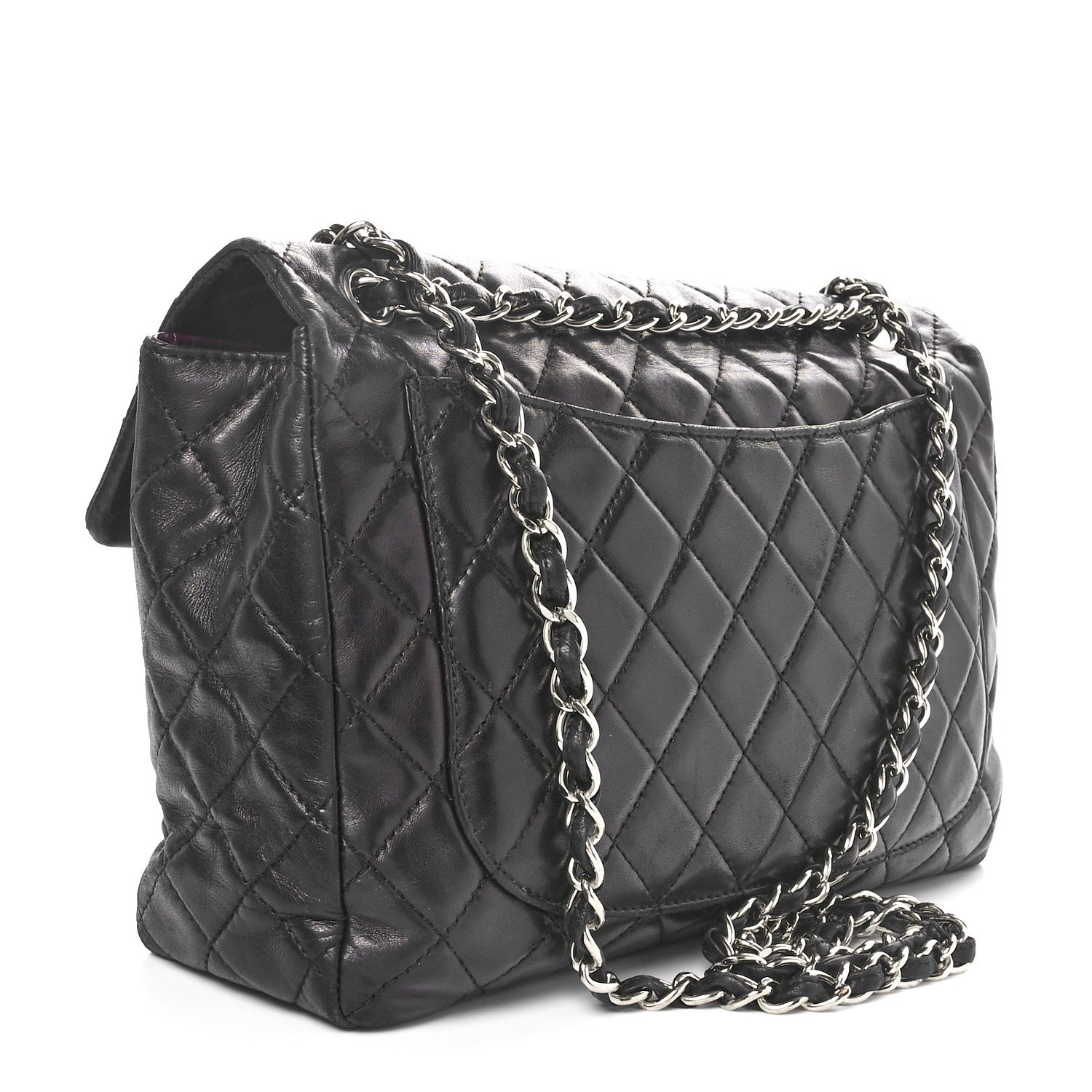 Washed Lambskin Quilted Maxi Single Flap Black