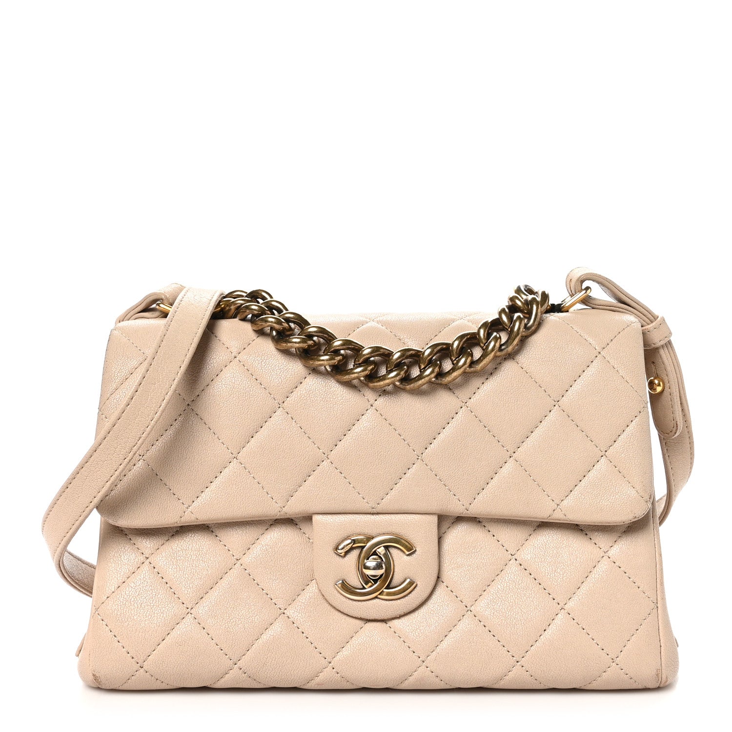 Shiny Sheepskin Quilted Small Trapezio Flap Beige