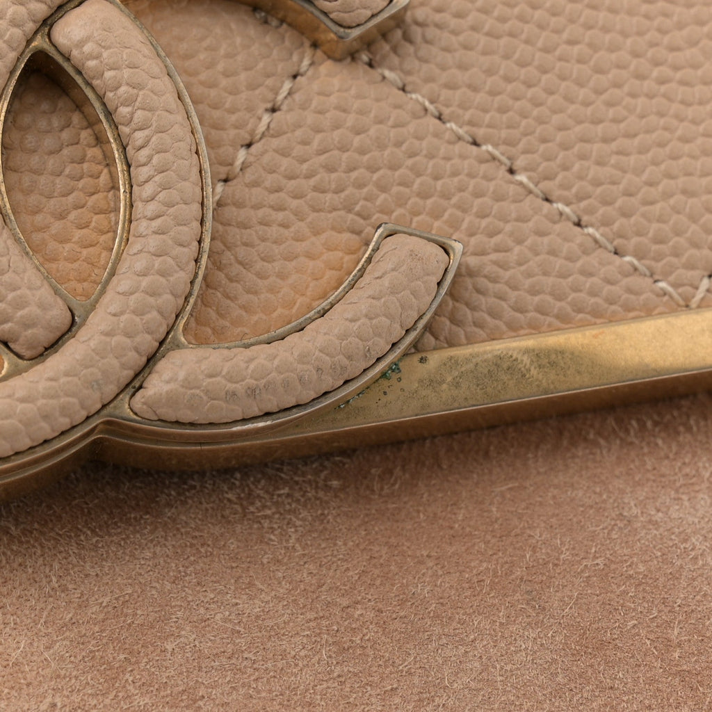 Grained Calfskin Stitched Enamel CC Flap Bag Beige