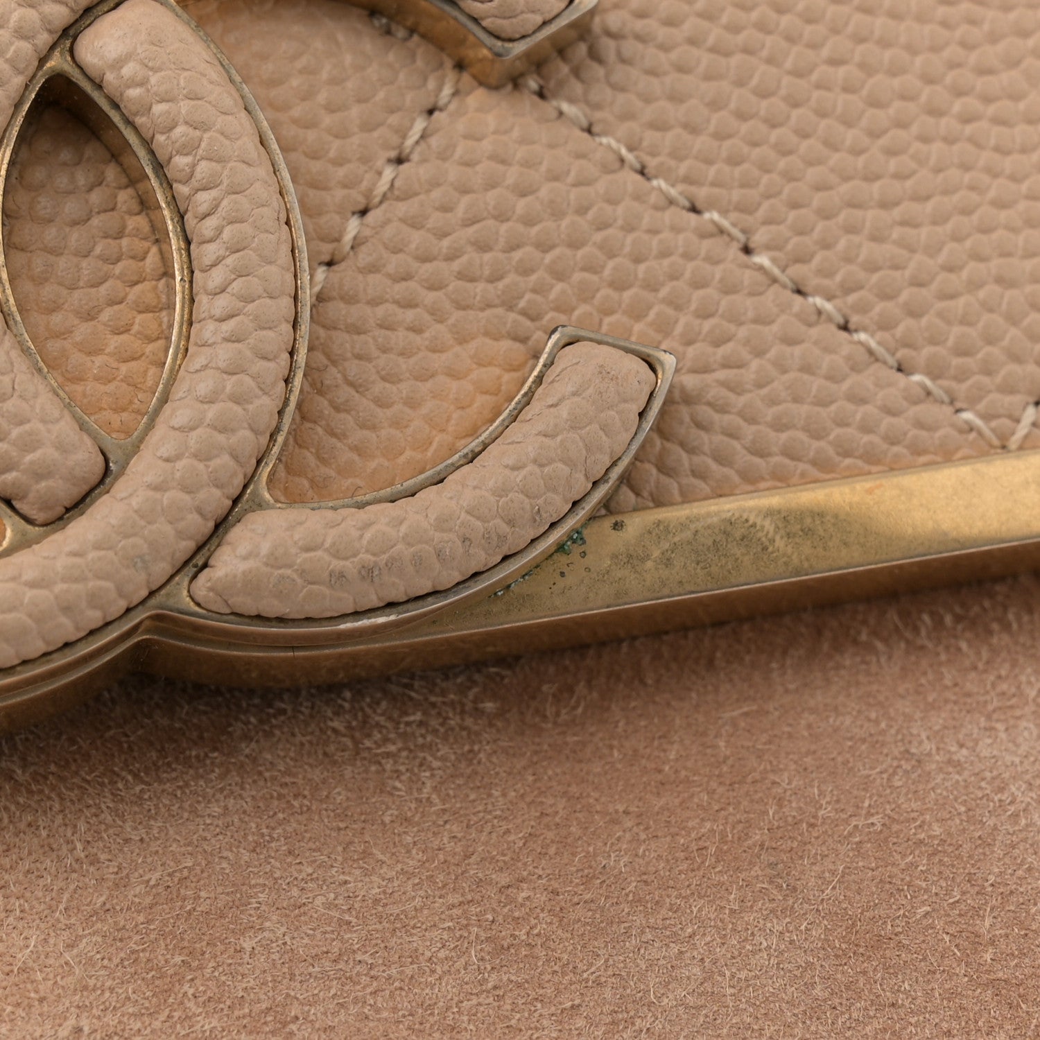 Grained Calfskin Stitched Enamel CC Flap Bag Beige