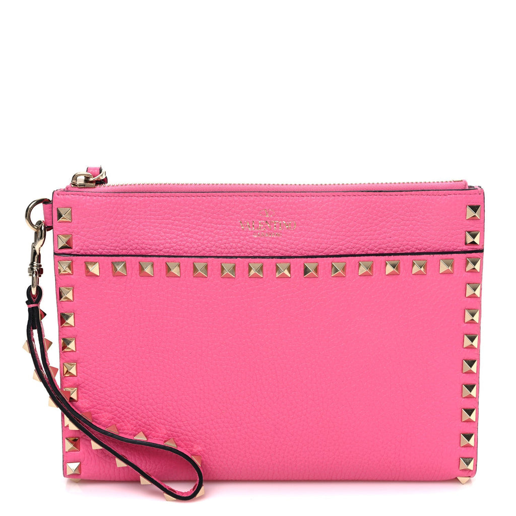 Pebbled Calfskin Medium Rockstud Flat Pouch Pink