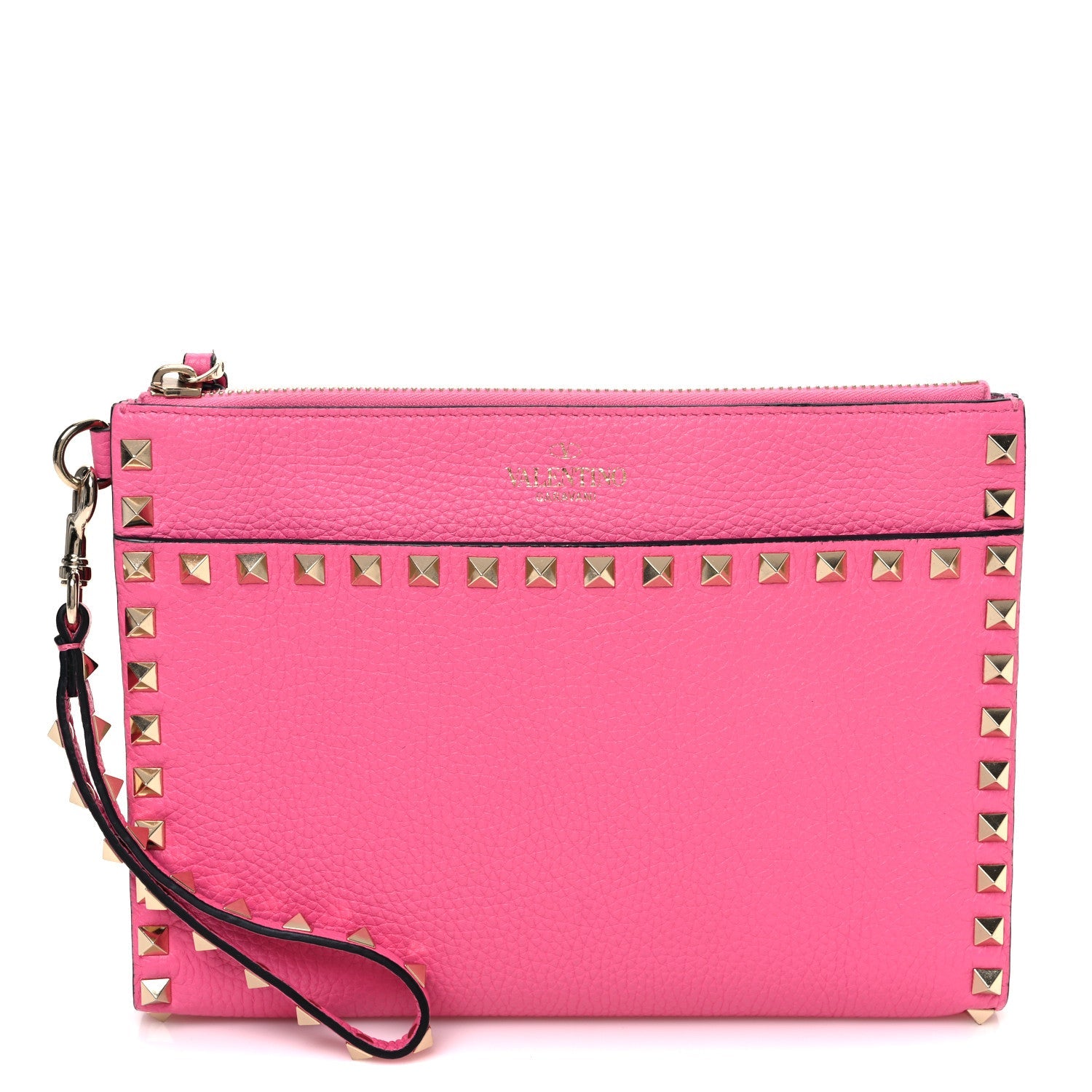 Pebbled Calfskin Medium Rockstud Flat Pouch Pink