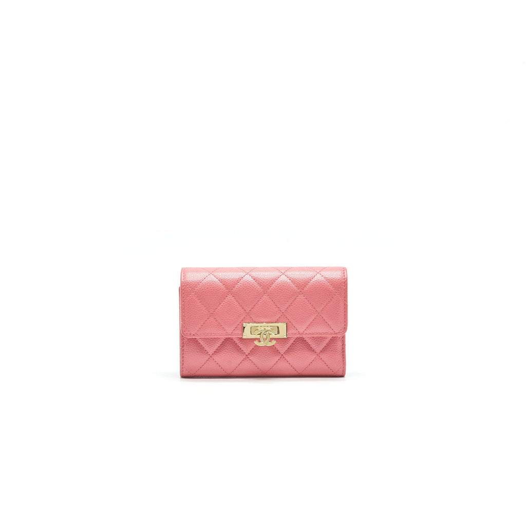 CHANEL CAVIAR MEDIUM FLAP WALLET ROSE PINK WITH GOLD CC LOGO