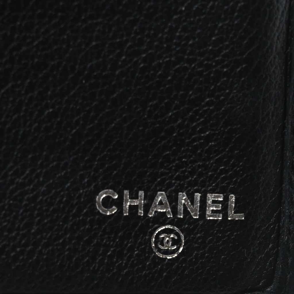 Goatskin Camellia Embossed Flap Wallet Black