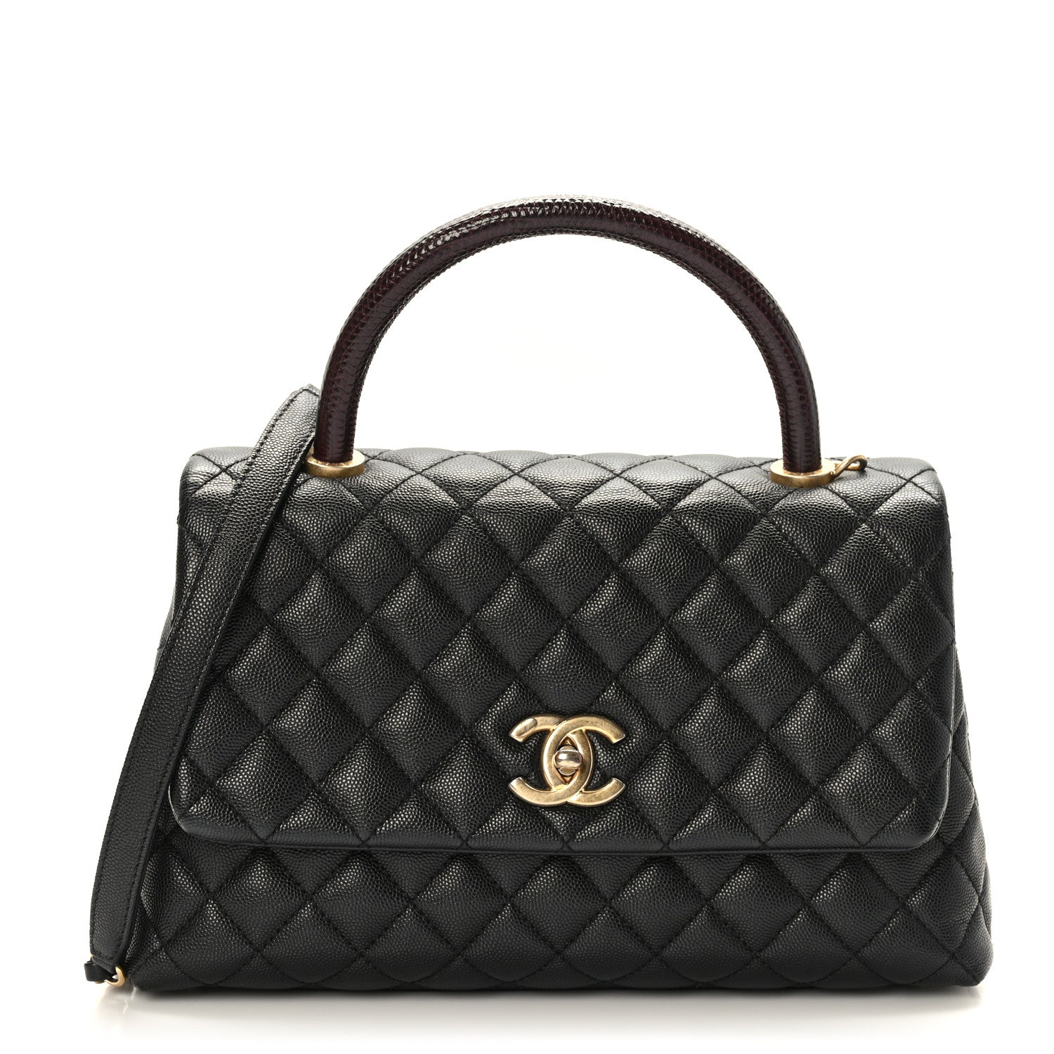 Caviar Lizard Embossed Quilted Small Coco Handle Flap Black