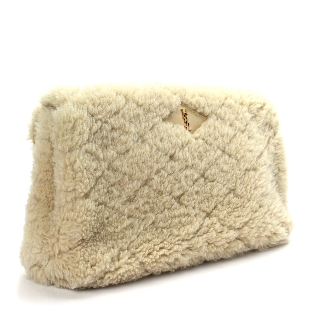 Shearling Lambskin Quilted Sade Puffer Envelope Clutch Natural Beige