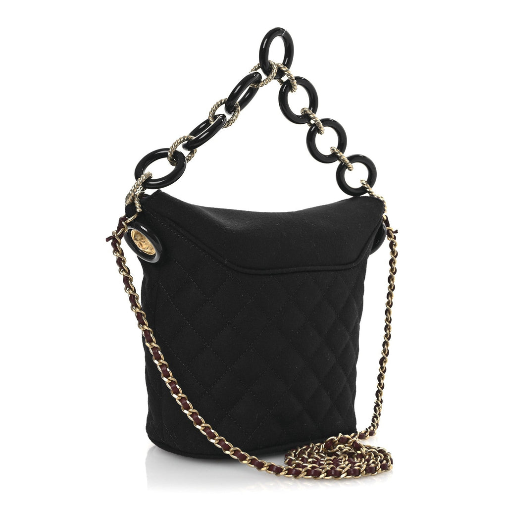 Wool Lambskin Quilted Paris Hamburg Charms Bucket Bag Dark Navy