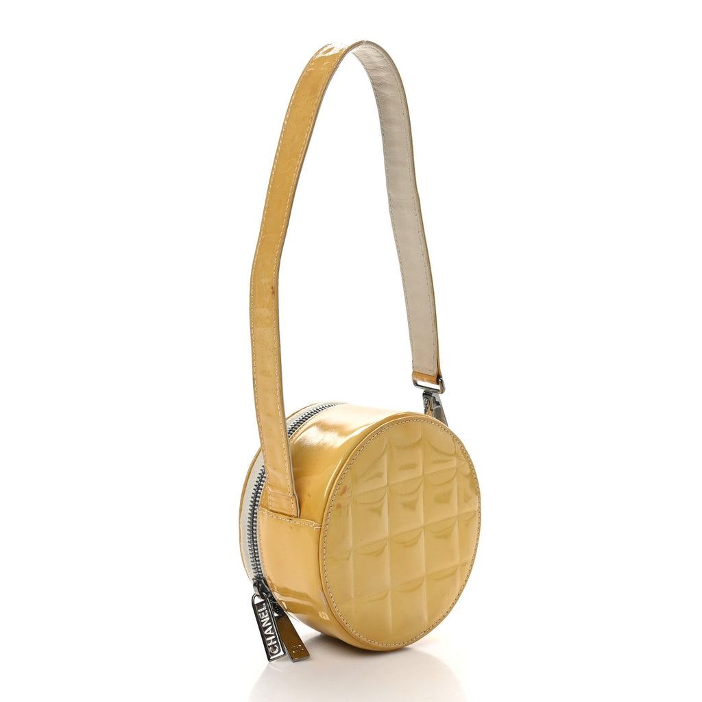 Patent Quilted CC Chocolate Bar Round Shoulder Bag Yellow
